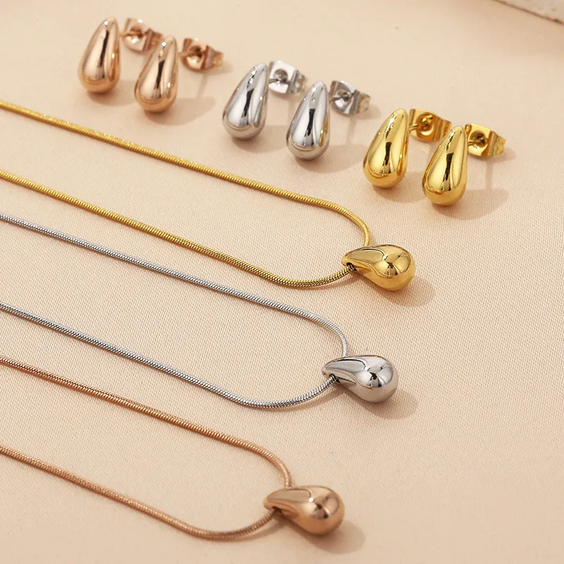 Fashion Water Drop Earrings Necklace Ins Geometric Stainless Steel Stud Jewelry Set