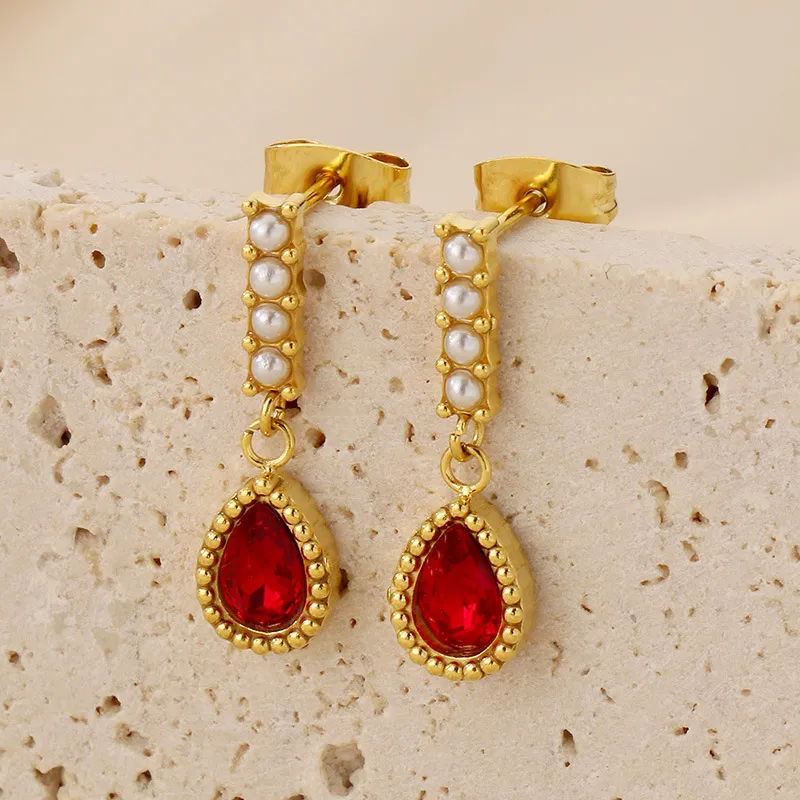 Stainless Steel Jewelry Droplet Shaped Diamond Inlaid Shell Bead Earrings