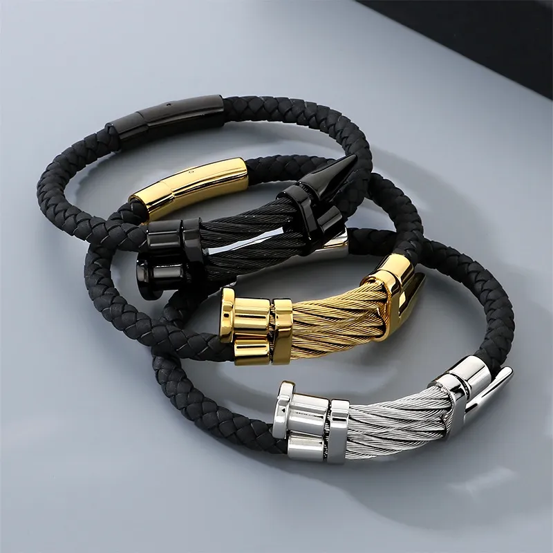 Punk Style Personalized Stainless Steel Nail Head Domineering Men's Leather Bracelet Wholesale
