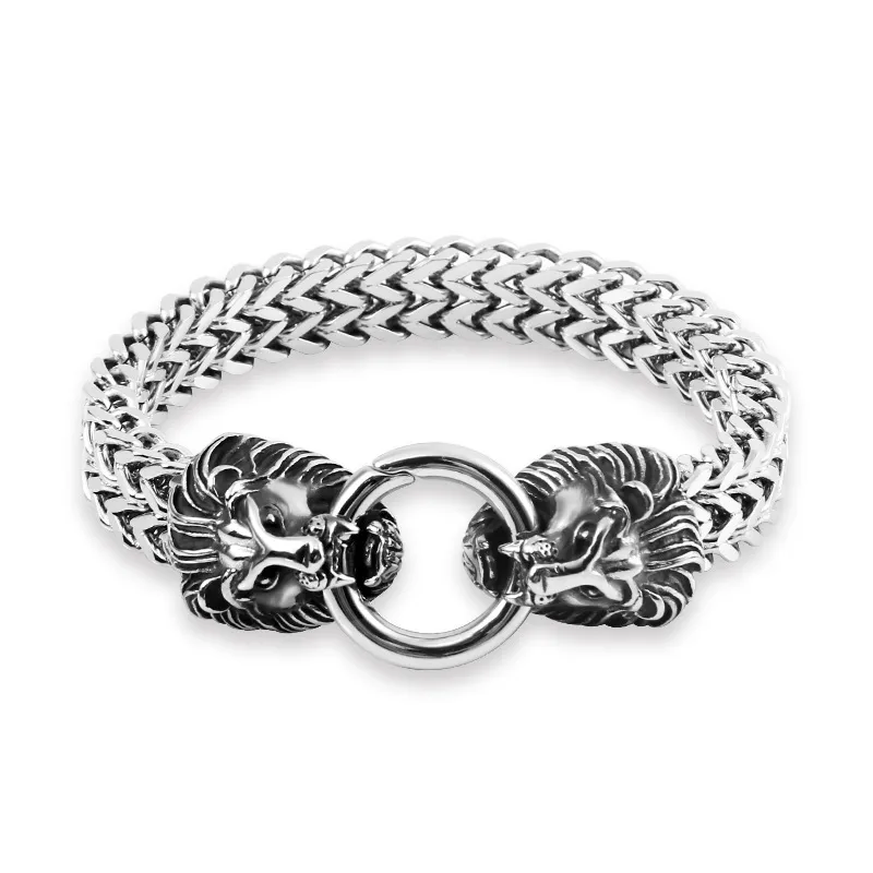 Wholesale Stainless Steel Creative Double Row Keel Chain Ghost Head Lion Head Round Buckle Men's Domineering Bracelet