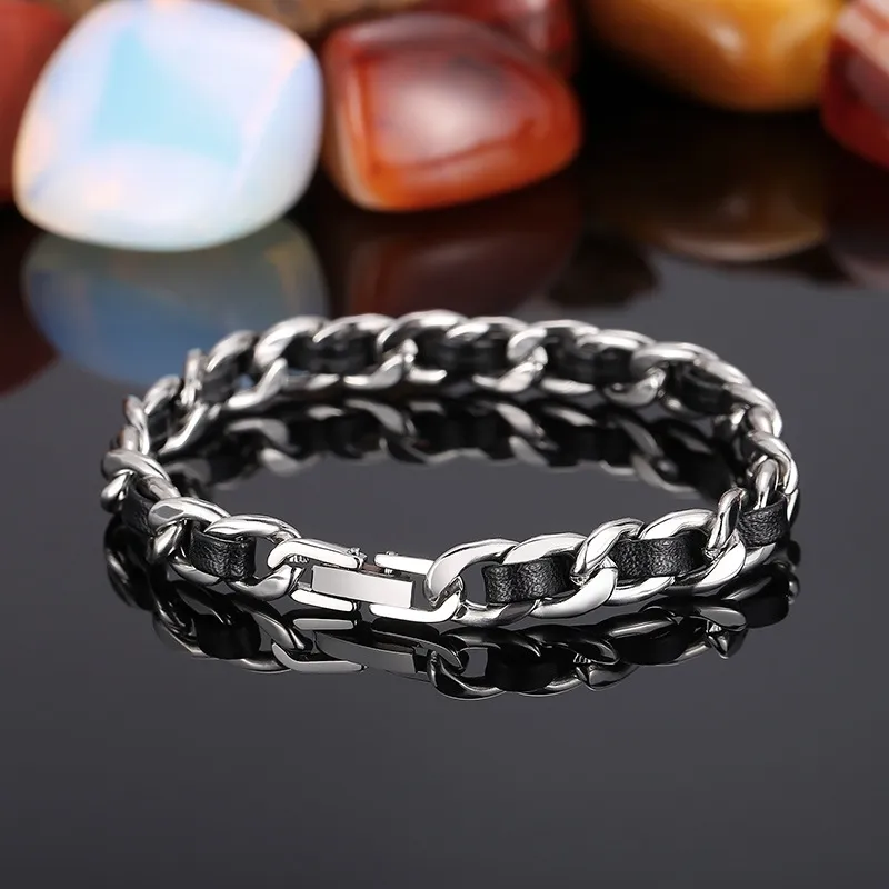 Stainless Steel Nk Chain Paired with Black Leather Bracelet Suitable for Daily Wear