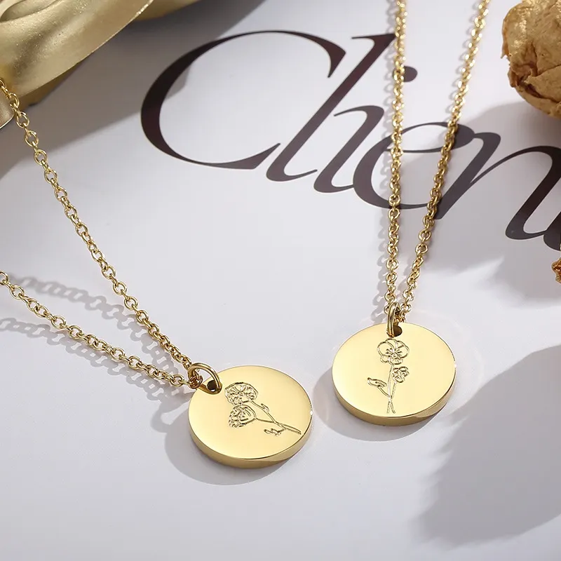 Stainless Steel Birth Flower Pendant Necklace for Mother's Day Gift