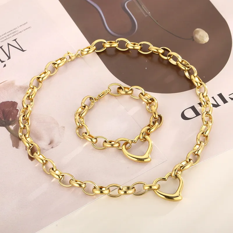 Fashion Stainless Steel Heart Pendant Earrings Bracelet Necklace Set Jewelry Accessories