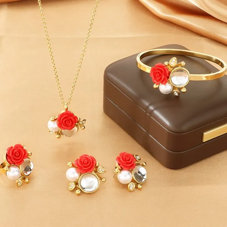 Luxurious Four-Piece Rings Bracelets Jewelry Set with Pearl and Rose Inlays