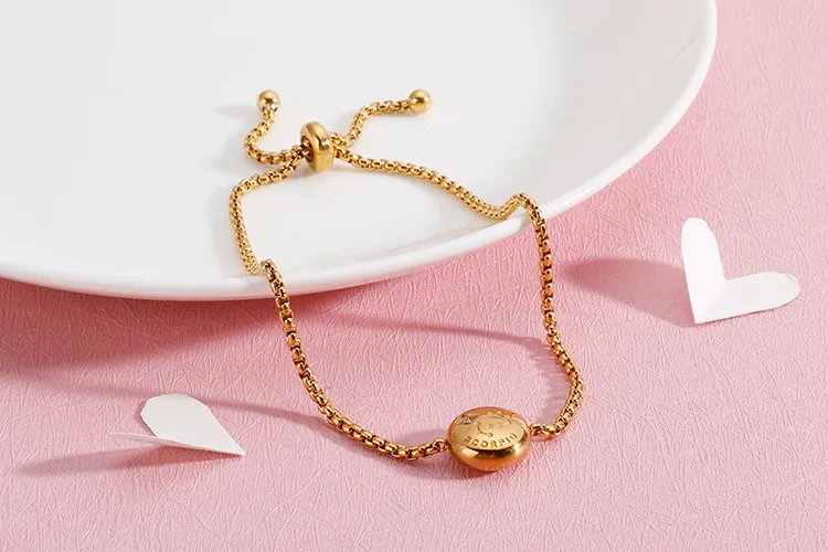 12 Zodiac Signs Stainless Steel Diamond-Embedded Gold Bracelet Adjustable Jewelry