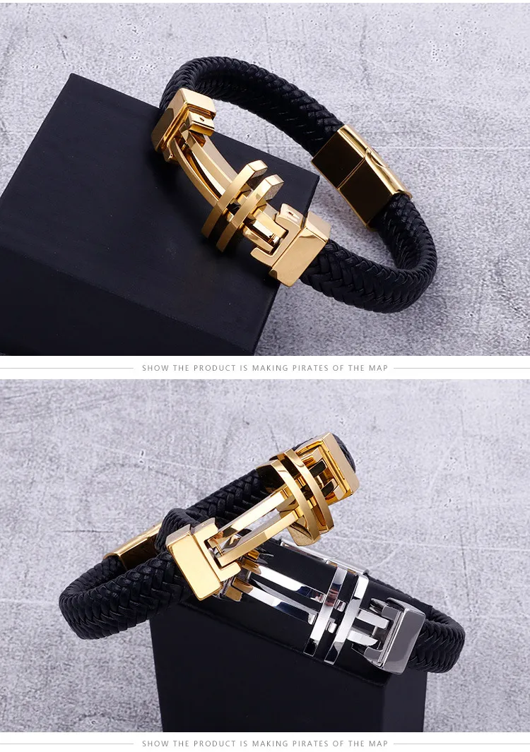 European and American Style Stainless Steel Cross Bracelet Woven Men's Leather Jewelry