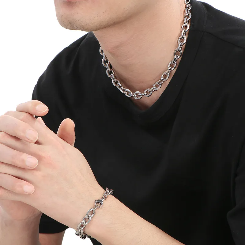 Trendy and Versatile Stainless Steel Dog-Leg Chain Bracelet, Minimalist O-Shaped Trimmed Chain Lobster Claw Clasp Necklace Set for Men and Women