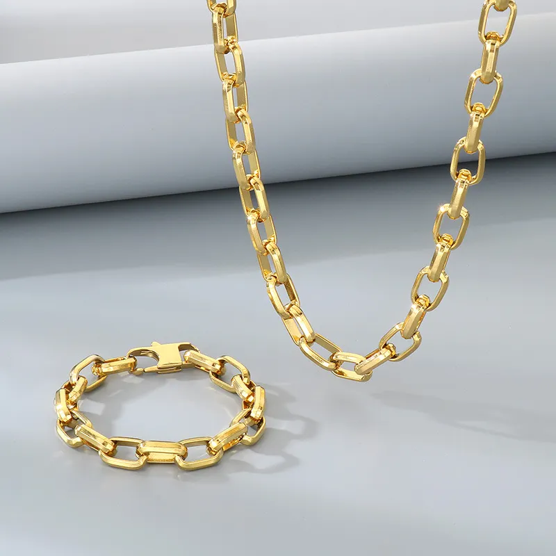 Stainless Steel Fashion Simple Square Chain Trapezoidal Square Buckle Bracelet&Necklace Set