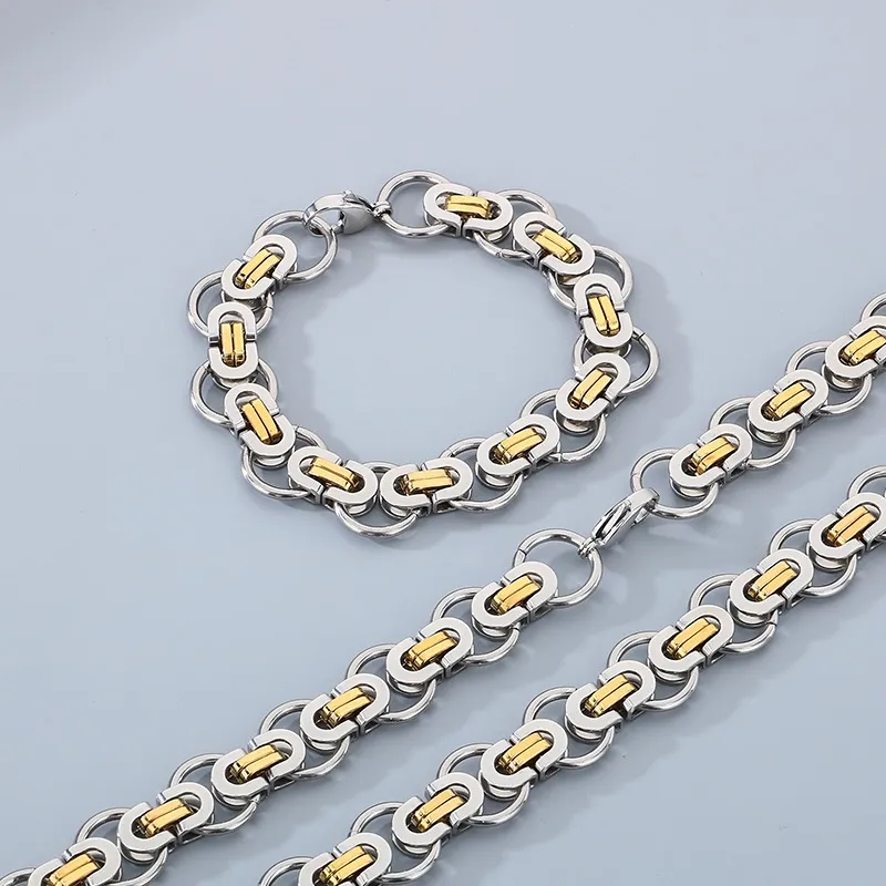 Personalized Hip-Hop Style Rock Emperor Chain Circle Bracelet, Trendy Byzantine Flat Stainless Steel Men's Necklace Set