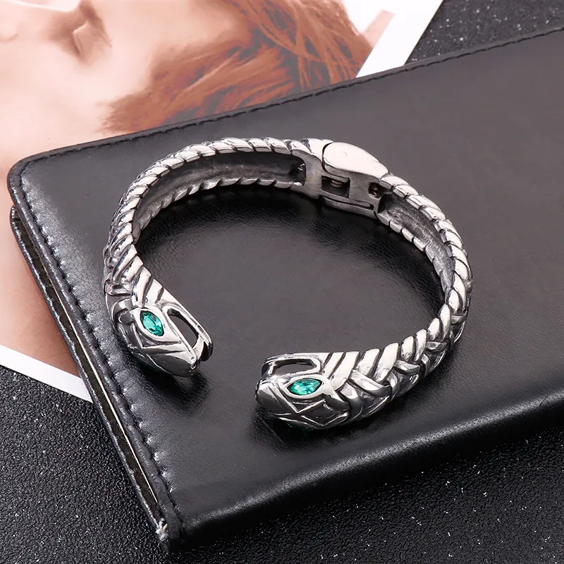 Kalen Stainless Steel Jewelry Set, Vintage Green-Inlaid Cobra Ring and Double-Headed Snake Open Bracelet Men's Set