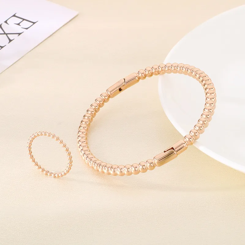 Minimalist Beaded Water Wave Stainless Steel Ring Adjustable Oval Bracelet Jewelry Set