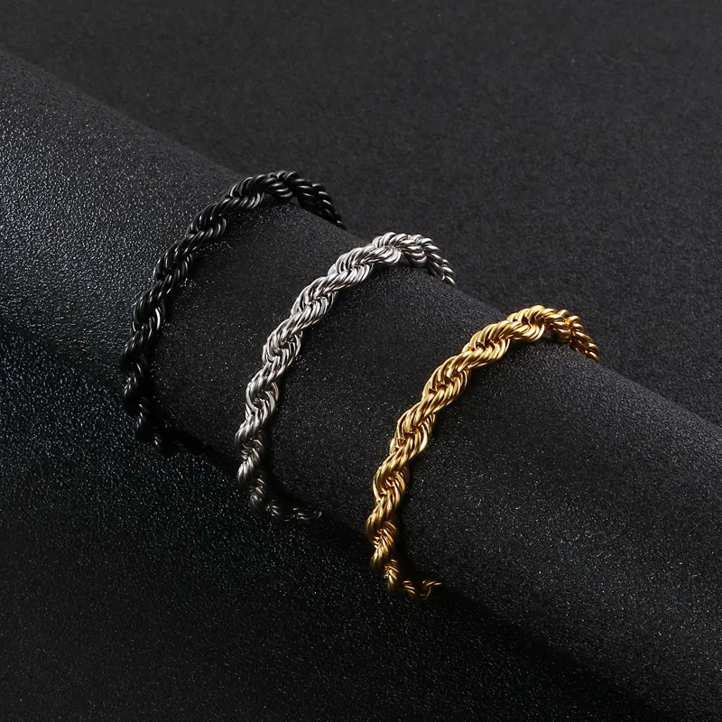Hip Hop Men's Bracelet Gold Plated 18K Fried Dough Twists Chain Stainless Steel Braided Twisted Rope Bracelet