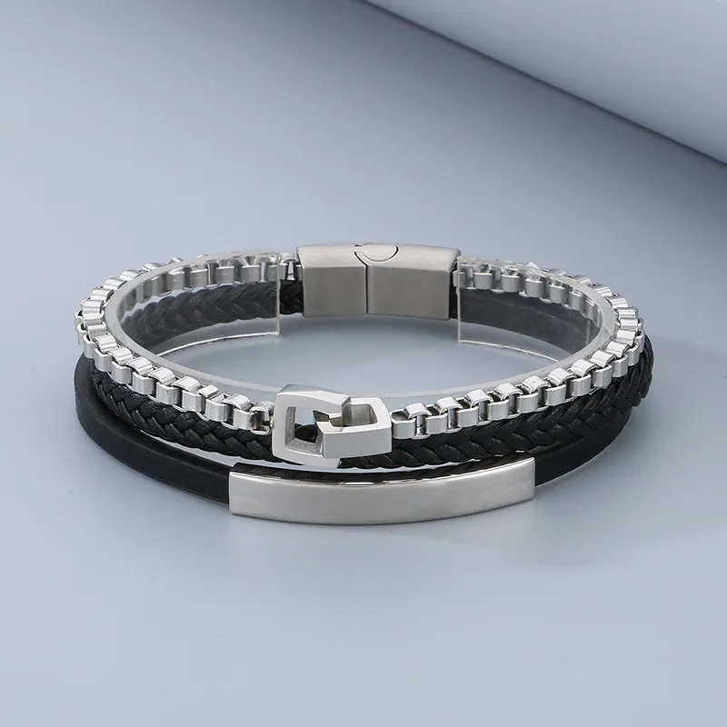 Stainless Steel Chain Leather Rope Woven Bracelet Multi-Layer Woven Leather Bracelet Popular Magnetic Buckle Bracelet