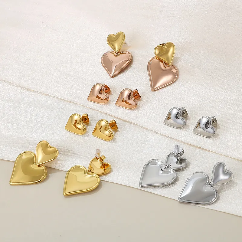 Women Gold Plated Stainless Steel Double Heart Earrings Luxury Hypoallergenic Earrings
