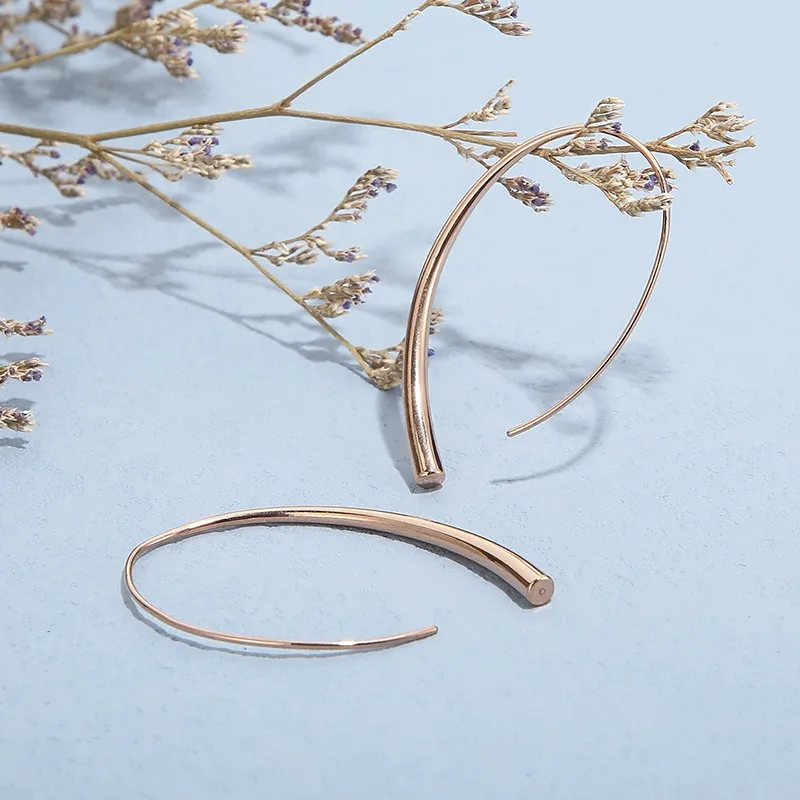 High Quality Fashion Simple Lines Stainless Steel Electroplating Rose Gold Women Earrings