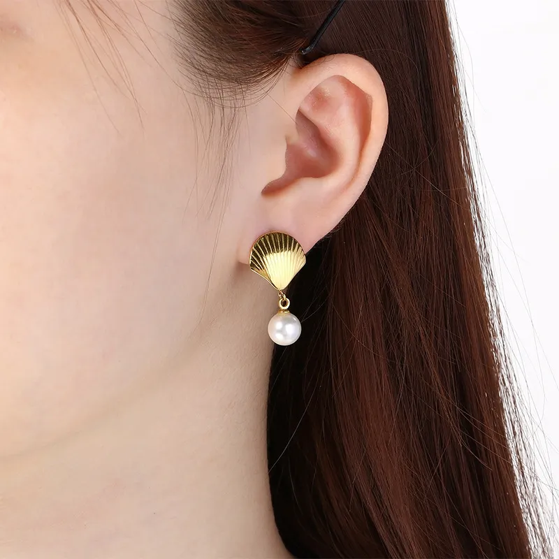 Ins Metal Shell Pearl Tassel Stainless Steel Earrings European Summer Vacation Jewelry Women