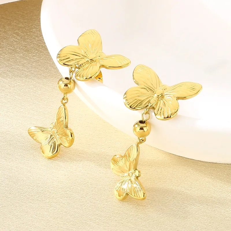 Luxury Double Layer Textured Butterfly Stainless Steel Earrings Unique Jewelry