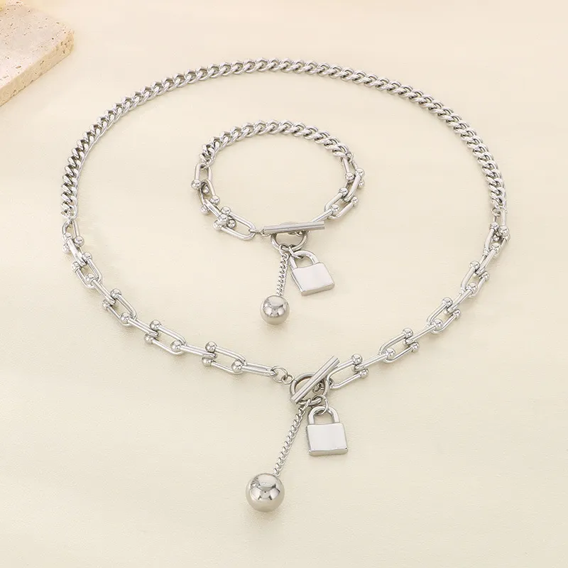 Hip-Hop Ball Padlock Gender-Neutral Sweater Chain Beaded Stainless Steel Jewelry Set Wholesale