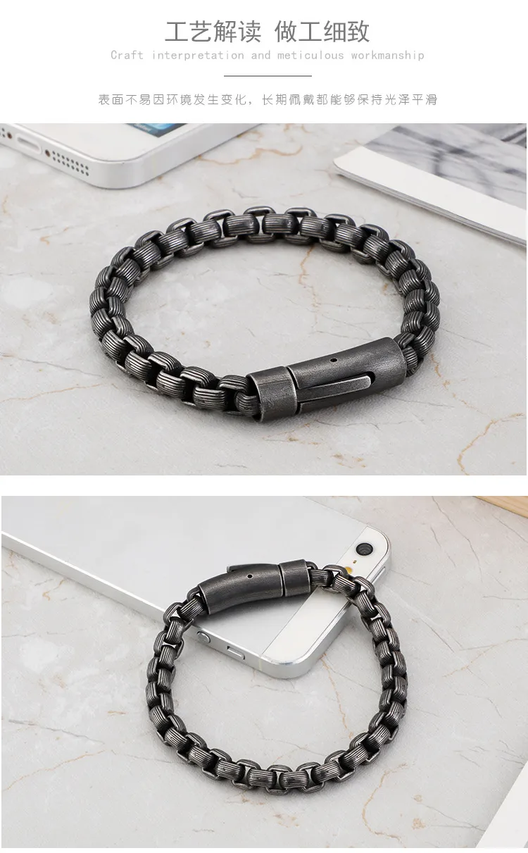 European and American Fashion Stainless Steel Striped Square Pearl Bracelet for Men, Simple Snap Button Motorcycle Chain Jewelry Wholesale