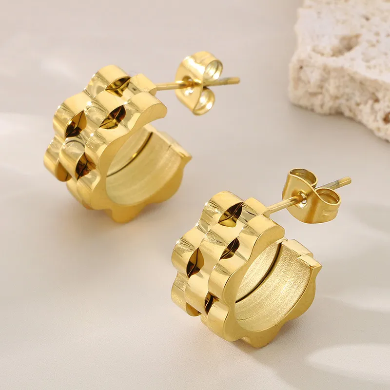 Ins Fashion Texture Earrings 18K Gold-Plated Hip Hop Two-Tone Stainless Steel Earrings