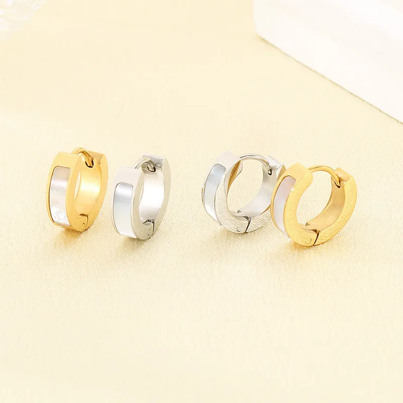 Korean Japanese Smooth Shell Inlaid Flat Stainless Steel Huggie Earrings Trendy Elegant Earrings Wholesale