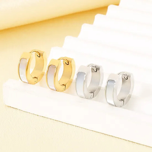 Korean Japanese Smooth Shell Inlaid Flat Stainless Steel Huggie Earrings Trendy Elegant Earrings Wholesale
