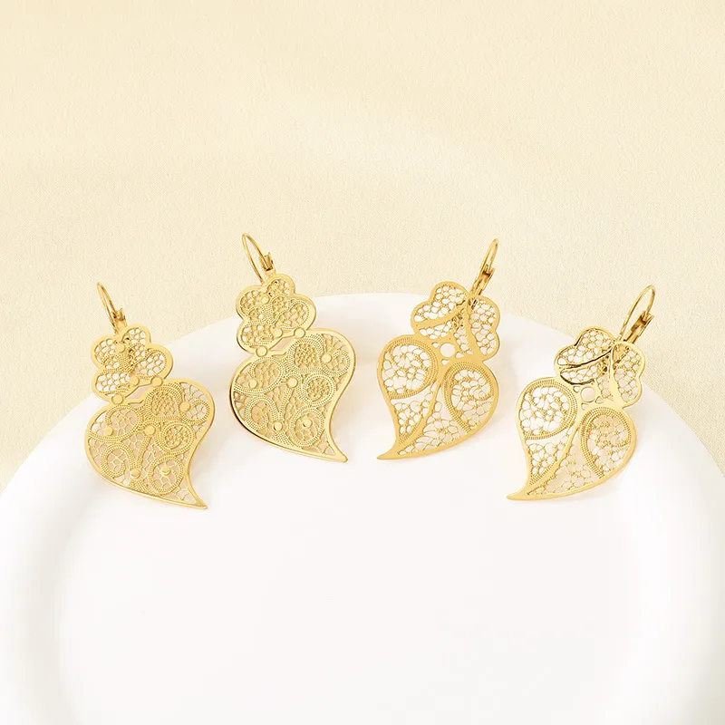 Hollow Metal Heart Leaf Stainless Steel Earrings Vintage Ethnic Water Drop Jewelry Women