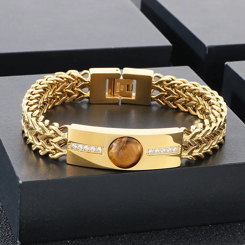 Fashion Tiger Eye Stone Rhinestones Inlaid Mens Bracelets Stainless Steel Chain Bracelets