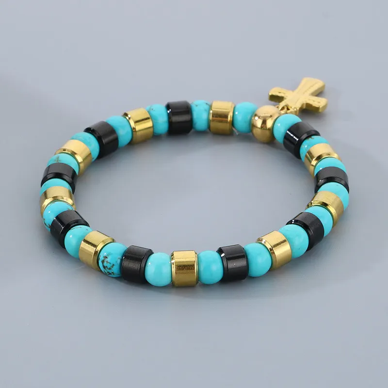 Bohemian Ins Style Colorful Turquoise Men's and Women's Bead Bracelets, Niche Design, Personalized Cross Titanium Steel Bracelet