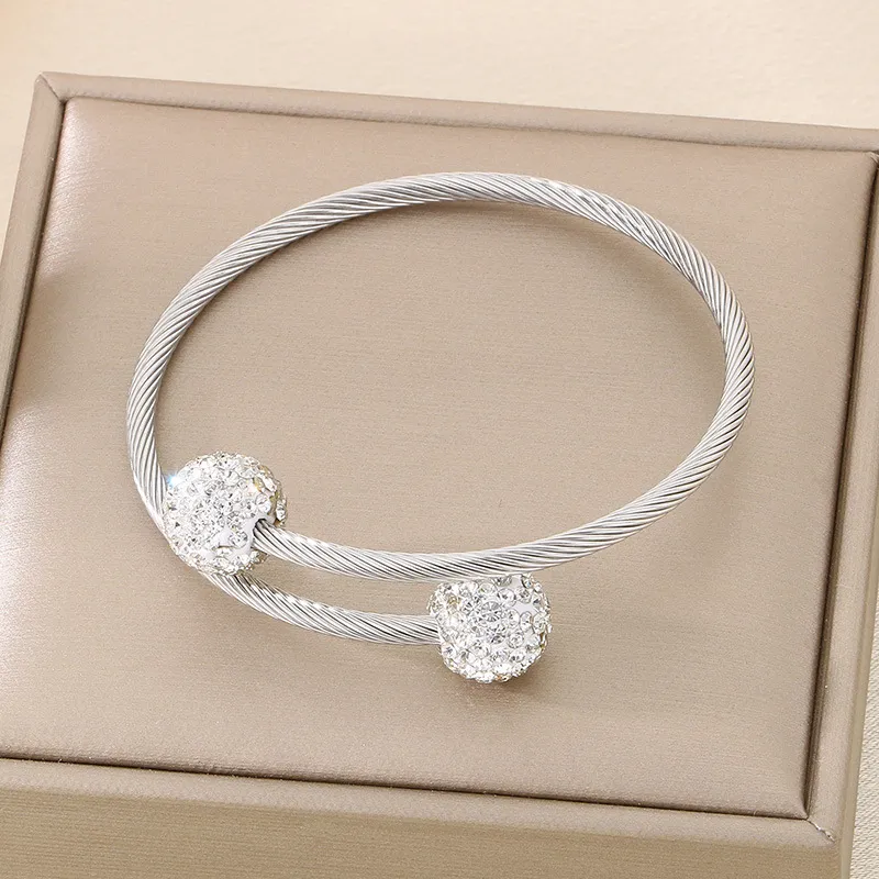 Fashion Round White Clay Full Rhinestone Open Wire Woven Stainless Steel Bangle