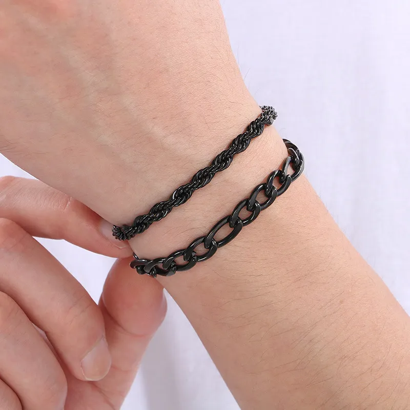 Wholesale Fashion Stainless Steel Cuban Chain Fried Dough Twists Chain Double Layer Overlay Hip Hop Bracelet for Men and Women