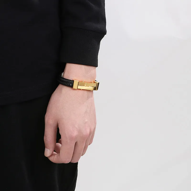 New Stainless Steel Geometric Men's Leather Bracelet Wholesale Personalized Fashion Bracelet