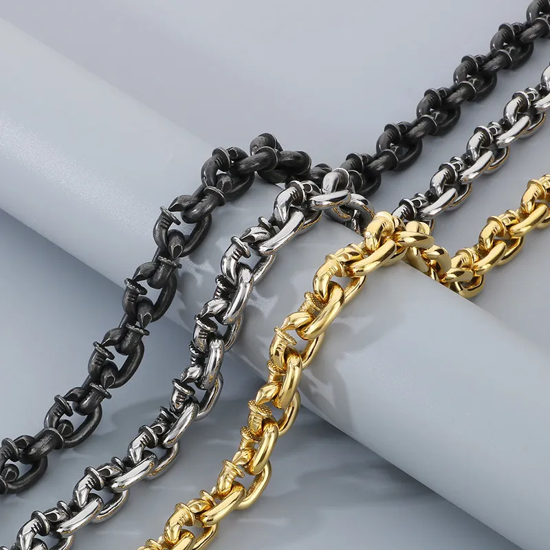 European and American Style, Domineering Personality, Nail Necklace, Punk Retro Design, Square Rivet, Stainless Steel Men's Bracelet Set