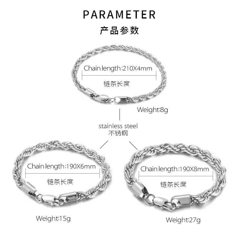 Multi Specification Stainless Steel Jewelry Fried Dough Twists Chain Bracelet