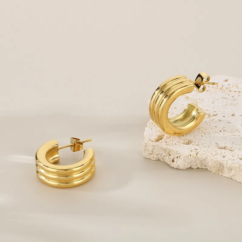 French Fashion Stainless Steel Creative Three Ring C-Shaped Temperament Versatile Girl Earrings