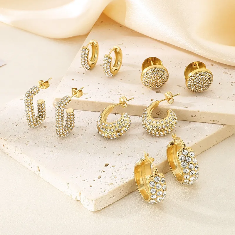 Popular Full Rhinestone Oval Stainless Steel Huggie Earrings Elegant Geometric Jewelry Wholesale
