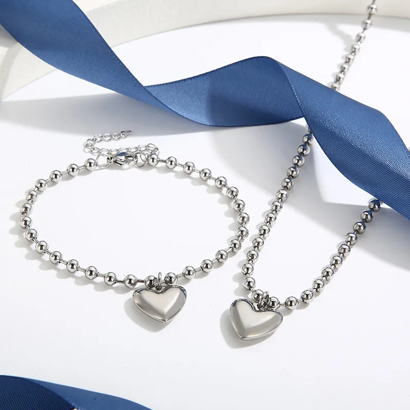 Stainless Steel 3D 18K Gold-Plated Heart-Shaped Bead Necklace and Bracelet Personalized Women's Set