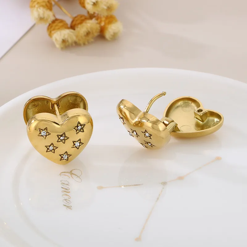 Fashion Double-Sided Heart Rhinestone-Embedded Ear Buckles 18K Gold-Plated Stainless Steel Smooth Earrings