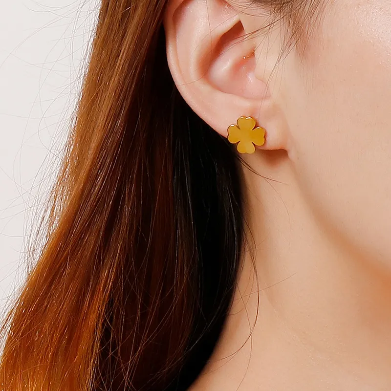 Japanese Korean Fashion Four-Leaf Clover Stainless Steel Studs Earrings 18K Gold-Plated Earrings
