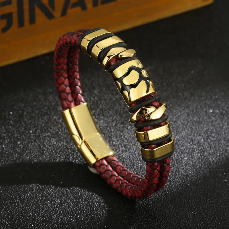 Men's Fashion Stainless Steel Metal Accessories Double-Layer Braided Leather Rope Bracelet