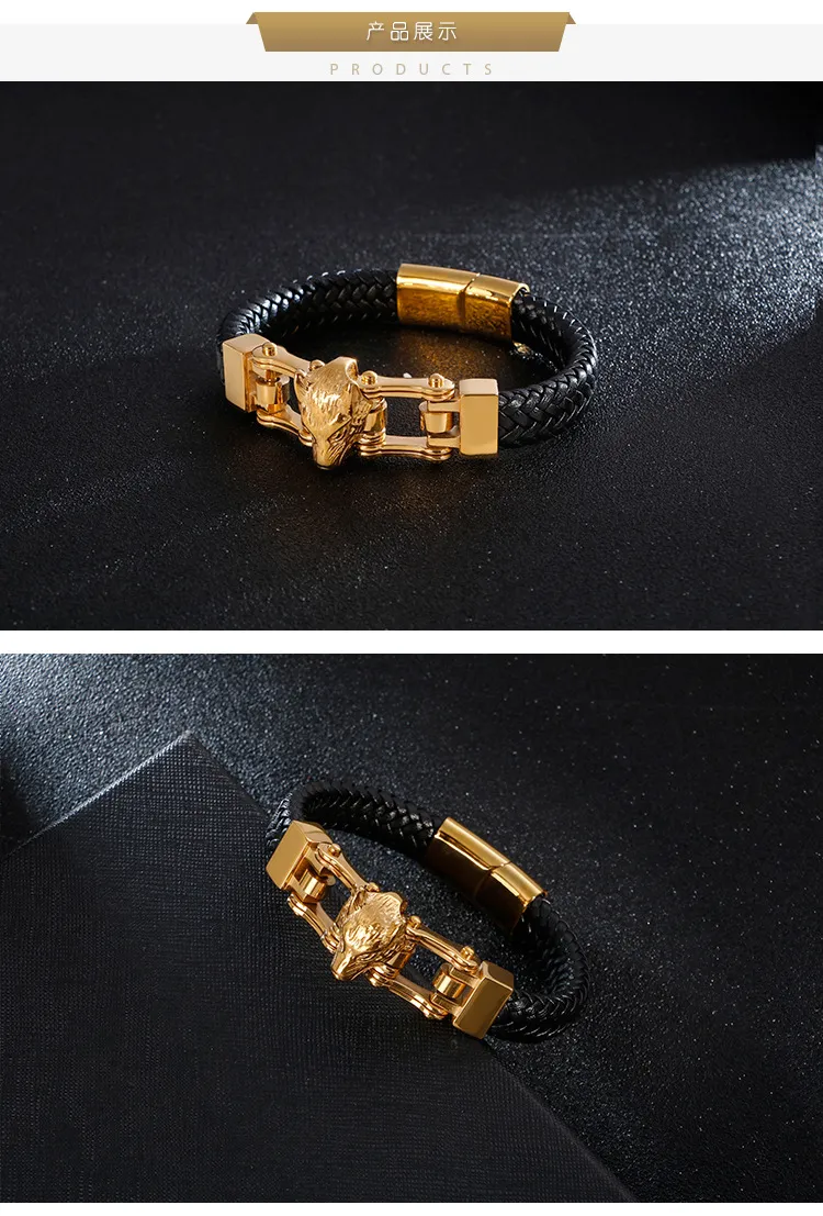 Trendy Men's Stainless Steel Creative Wolf Head Animal Series Woven Leather Bracelet