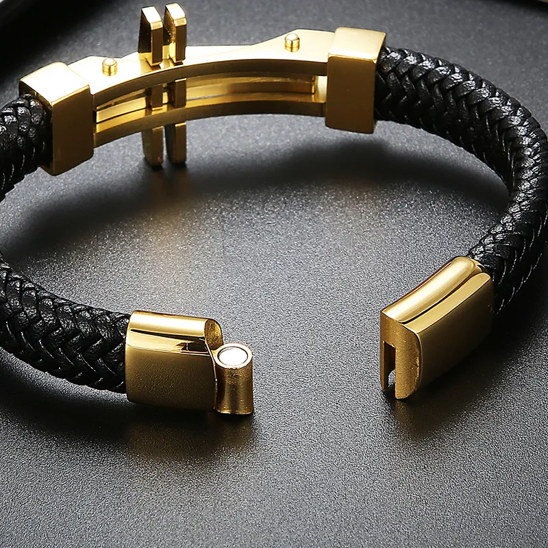 Kalen Fashion Stainless Steel Creative Cross Men's Woven Cowhide Leather Bracelet
