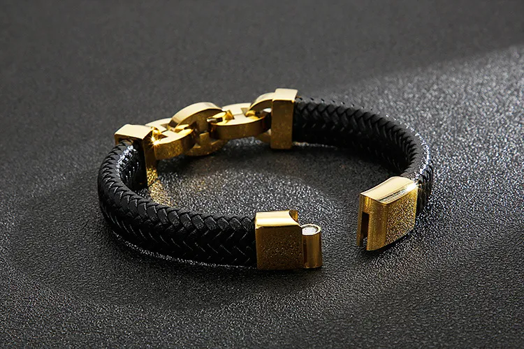 Trendy Men's Jewelry Stainless Steel Geometric Chain Splicing Woven Cowhide Leather Bracelet