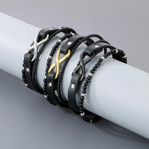 Trendy Men's Stainless Steel 8-Shaped Multi-Layer Woven Leather Bead Magnetic Buckle Bracelet