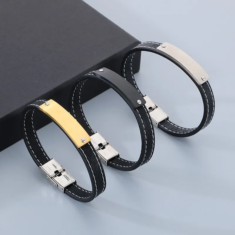 Jewelry Wholesale Men's Trendy Stainless Steel Geometric Curved Plate with Logo Engraved Leather Bracelet