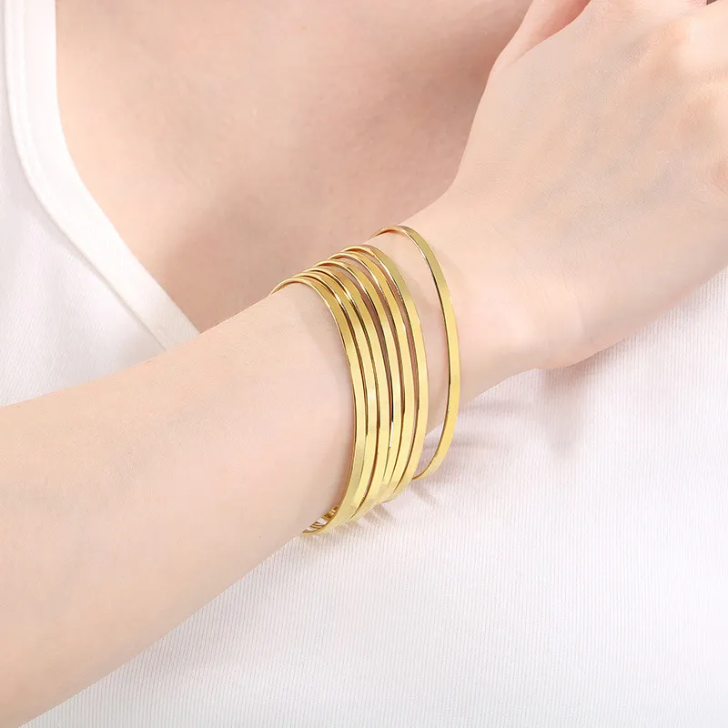 Classic Fashion Plain Circle Smooth Stainless Steel Multi Layer Stacked Polishing Bracelet Jewelry Wholesale