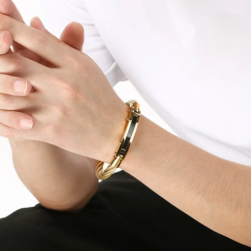 Punk Retro Style Stainless Steel Wire Cable Bent Plate Domineering Men's Bangle