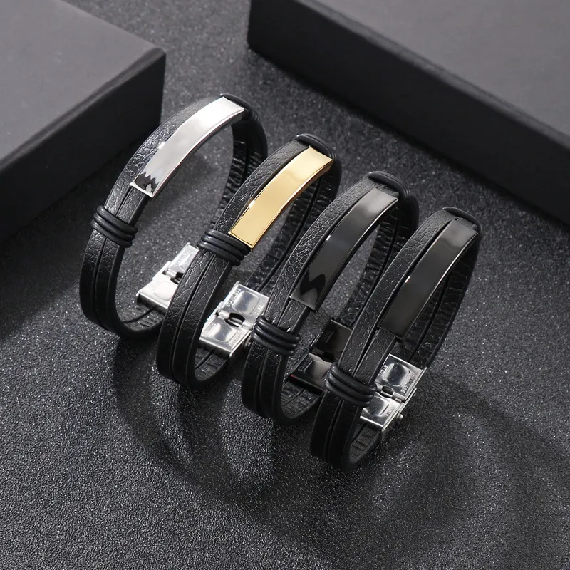 Stainless Steel Geometric Curved Plate Engraved Men's Woven Double-Layer Leather Bracelet Jewelry Wholesale