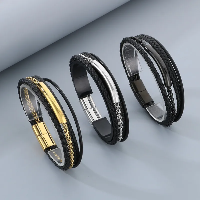Men's Geometric Personalized Stainless Steel Magnet Buckle Multi Layer Braided Leather Bracelet Jewelry Wholesale