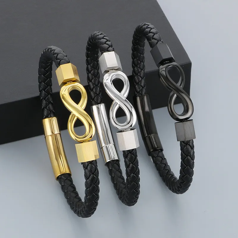 European and American Fashion Stainless Steel Creative 8-Shaped Accessory Men's Woven Leather Rope Bracelet